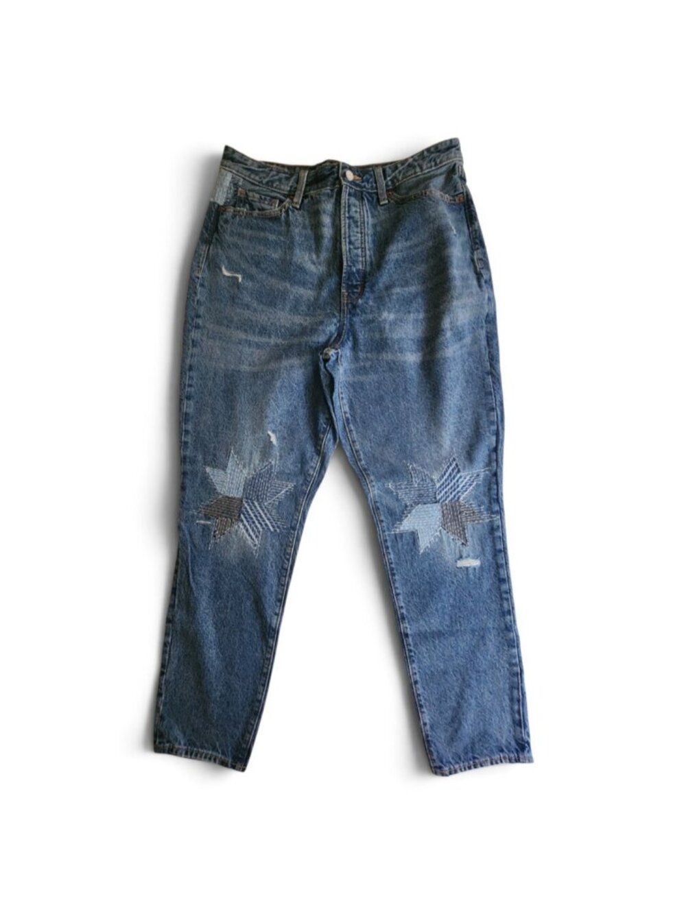 Old Navy High-Waisted Button-Fly OG Straight Patchwork Non-Stretch Jeans 14 Tall